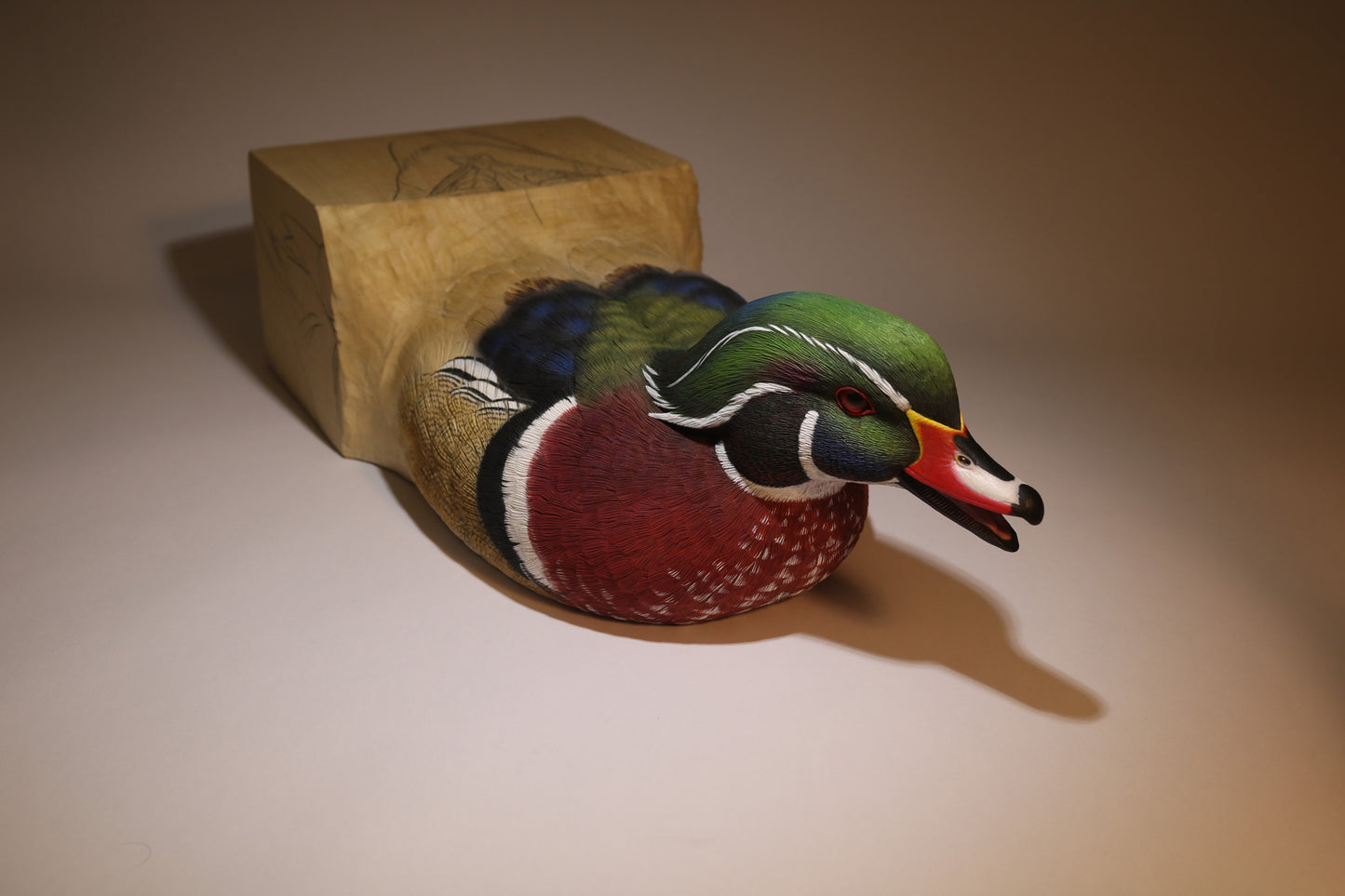 Wood Duck Drake Emerging From A Block of Wood Carving Pattern, Life-size (download)